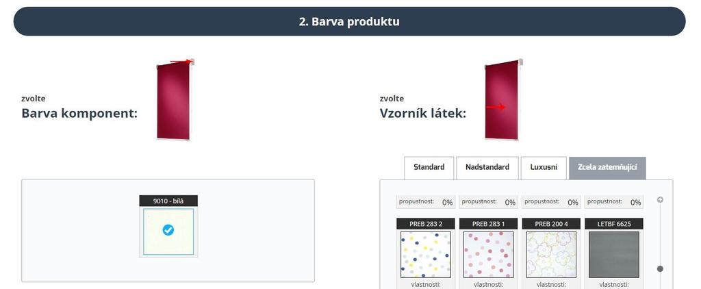 Vyberte ze vzorníku barvu vašich rolet. Barva horního profilu je u látkových rolet PLASTOVÁ jednotná bílá 9010.