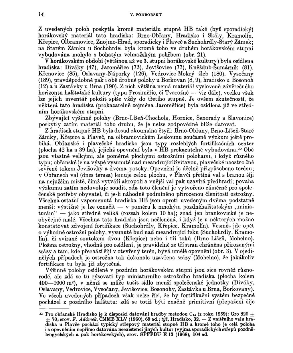 14 V. PODBORSKÝ Z uvedených poloh poskytla kromě materiálu stupně HB také (byť sporadický) horákovský materiál tato hradiska: Brno-Obřany, Hradisko i Skály, Kramolín, Křepice, Olbramovice,