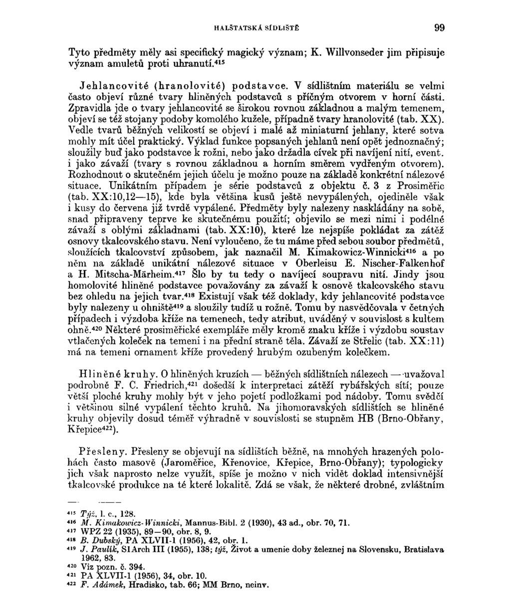 HAL5TATSKA SÍDLIŠTĚ 99 Tyto předměty měly asi specifický magický význam; K. Willvonseder jim připisuje význam amuletů proti uhranutí. 415 Jehlancovité (hranolovité) podstavce.