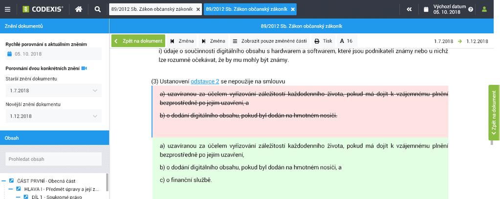 4.4 Srovnání znění Funkce srovnání znění umožňuje porovnání jednotlivých znění předpisu. Při otevření dokumentu, který má více znění klikněte na tlačítko porovnat.