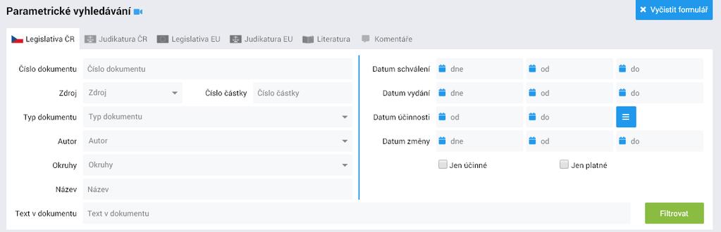 5 Filtr dokumentů (Parametrické vyhledávání) Pokud se nacházíte v situaci, kdy před vyhledáním dokumentu znáte namísto údajů o jeho názvu a číslu informace o tom, kdy byl vydán, jaká je jeho