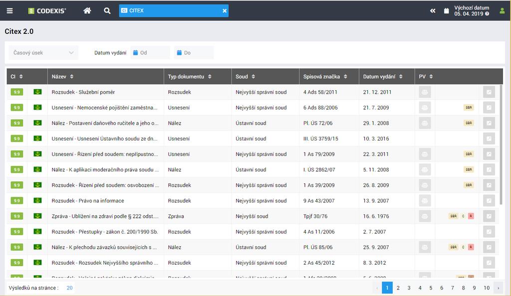 5.6 CITEX 2.0 Systém CITEX umožňuje preferovat často citovaná soudní rozhodnutí ve všech seznamech, výběrech a přehledech judikatury právního informačního systému CODEXIS.