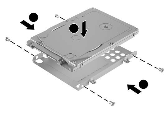 7. Zajistěte pevný disk v kleci pomocí čtyř šroubů (2). 8. Vložte klec pevných disků (1) do skříně. Ujistěte se, že konektory pevného disku směřují k zadní části skříně. 9.