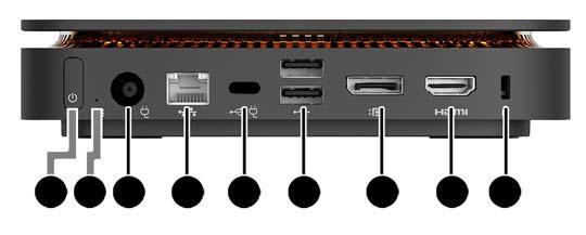 Položk a Součást Položk a Součást 1 Tlačítko napájení 6 Porty USB (2) 2 Kontrolka jednotky 7 Port DisplayPort