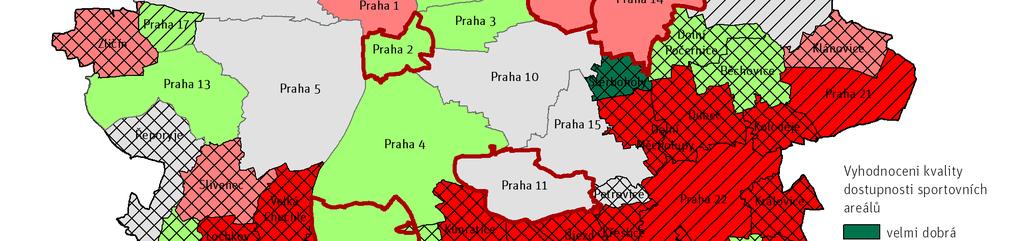 Vyhodnocení relativizuje počet potencionálních uživatelů připadajících na 1 sportovní areál v dané městské části, které ukazuje Mapa 01 i Mapa 05.