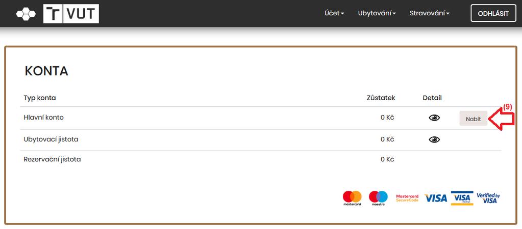 V novém okně klikněte na tlačítko Nabít (9) u Hlavního konta.