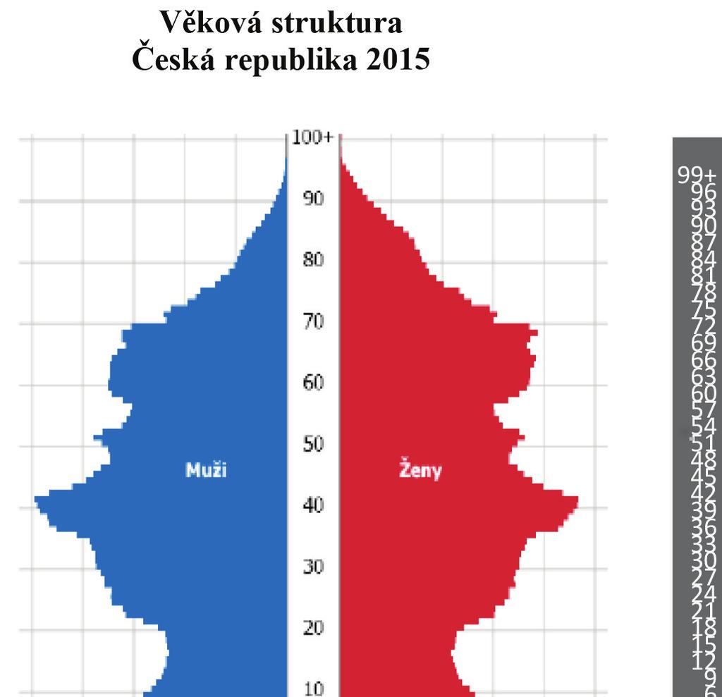 leona Stašová Graf 3 a 4 Zdroj: ČSÚ, 2016, ŠÚ SR, 2016 Pohled na věkovou strukturu a zvláště na předpokládané zastoupení různých generačních skupin ve společnosti tak přináší představu o tom, jaká