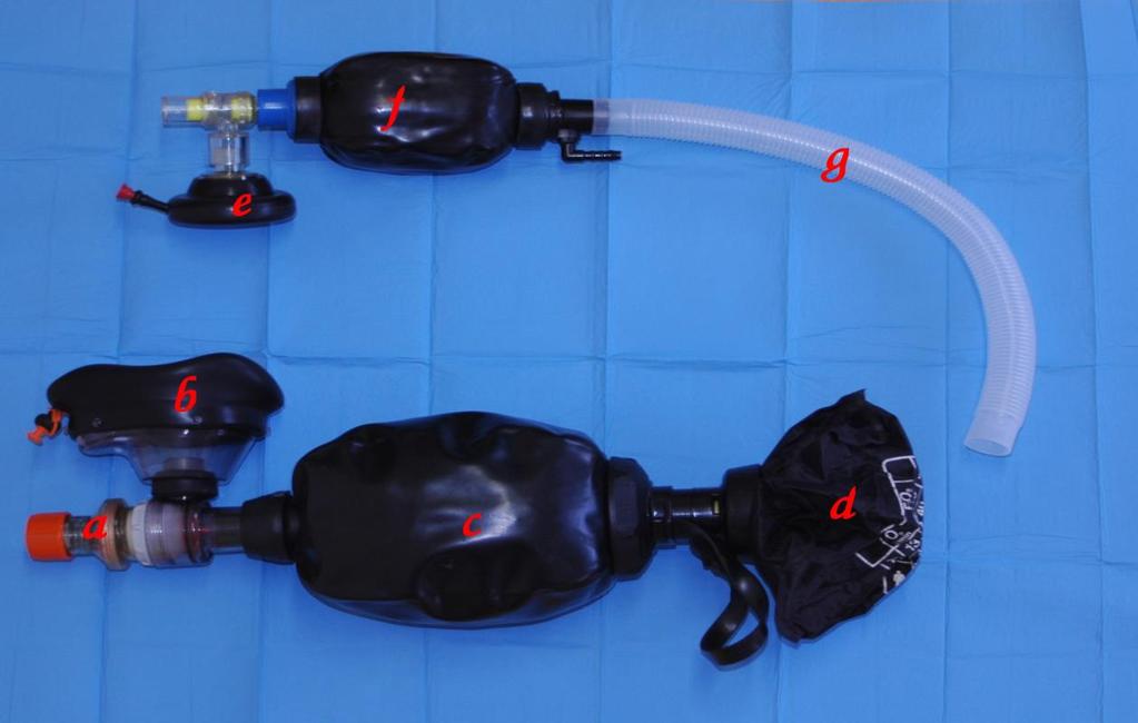 Obrázek 7 a) PEEP ventil, b) dospělá maska k ručnímu dýchacímu přístroji, c)