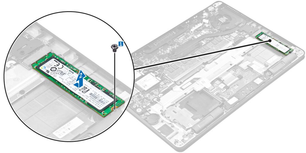 Instalace disku SSD 1. Vložte disk SSD do konektoru na základní desce. 2. Upevněte disk SSD k počítači pomocí šroubu. 3. Namontujte následující součásti: a. baterie b. spodní kryt 4.