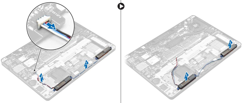 Instalace reproduktorů 1. Položte reproduktory na sloty na počítači. 2. Veďte kabel reproduktoru přídržnými svorkami na počítače. 3. Připojte kabel reproduktoru ke konektoru na základní desce. 4.
