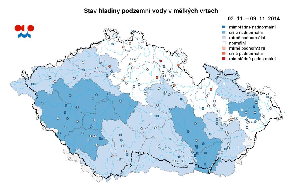 Mapa ukazuje stav podzemní vody ve sledovaných vrtech a oblastech povodí dle pravděpodobnosti překročení úrovně hladin v daném kalendářním měsíci v referenčním období 1981 2010 (viz text).