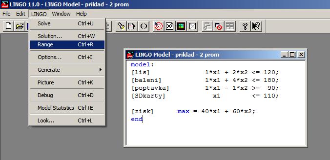 2.1 LINGO - stabilita Vyřešit úlohu (CTRL + U) Z okna s modelem (ne s