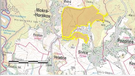 Obr. 6: Schematická mapa hranice evropsky významné lokality Sivický les žlutý polygon (zdroj: AOPK ČR).