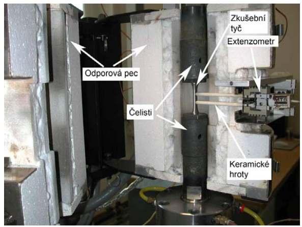 Experimentální materiál a metodika Obr. 6.3 Zkušební zařízení a upnutí vzorku [78] Podélná deformace byla měřena a řízena extenzometrem upevněným ve střední části vzorku.