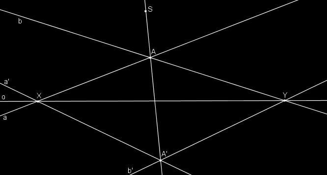 Střed kolineace S a dva páry odpovídajících si přímek