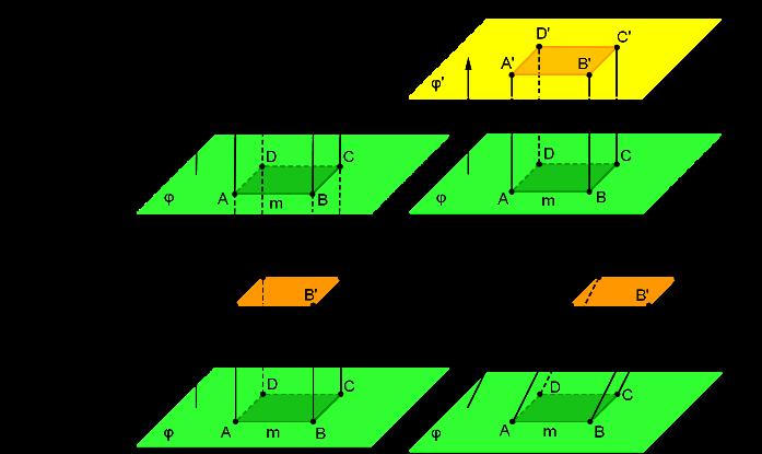 a) Pravý nadhled - viditelná je horní, pravá a přední stěna b) Levý podhled - viditelná je dolní, levá a přední stěna c) Pravý podhled - viditelná je dolní, pravá a přední stěna d) Levý nadhled -