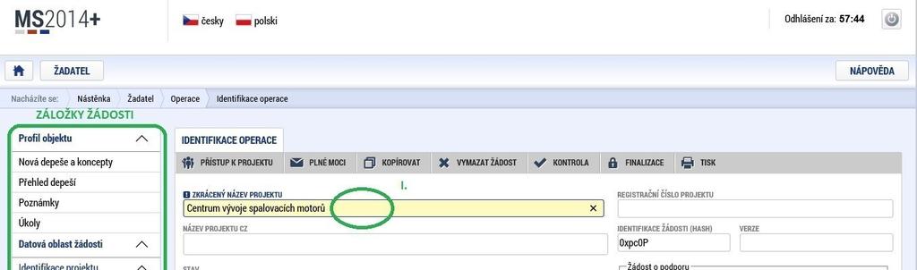 1.2.2. Formuláře Žádosti o podporu Záložky pro