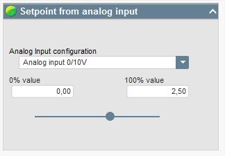 Pokud je vybrána možnost Analog input, je níže povolena možnost Setpoint from analog input (Nastavená hodnota z analogového vstupu).