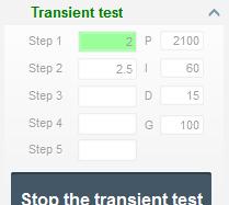 Přechodový test Přechodový test slouží ke kontrole odezvy PID při změně referenční hodnoty napětí. Je rozdělen maximálně do 5 kroků, přičemž každý z nich může mít jinou referenční hodnotu.