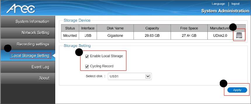 Krok 3: Zapojte USB disk do USB portu na zadním panelu a nastavte lokální úložiště. Po prvotní instalaci zformátujte harddisk kliknutím na.
