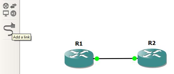 Obr. 3.4: Propojení zařízení V základním nastavení software nezobrazuje popisky připojených rozhraní. V praxi nám však tyto popisky usnadňují orientaci v topologii.