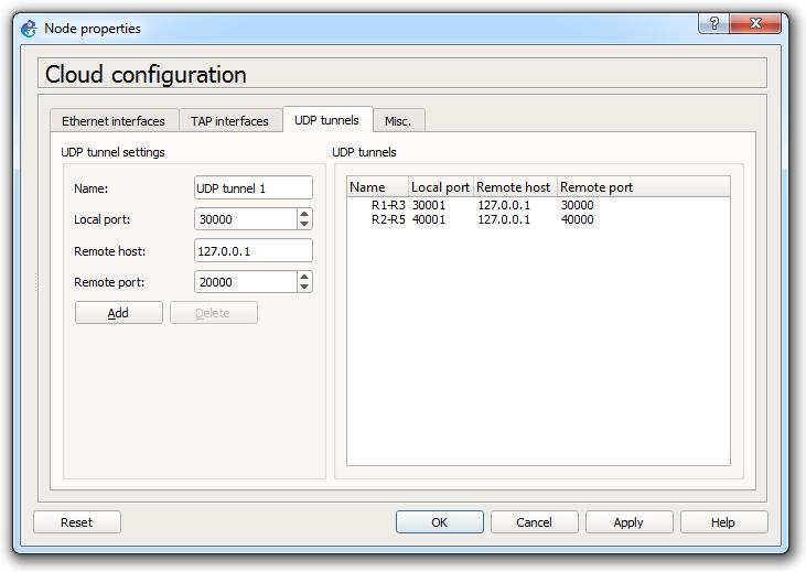 Obr. 4.9: Konfigurace nástroje Cloud v GNS3 Příklad konfigurace síťového rozhraní na Cisco směrovači [17]: R3# configure terminal R3(config)# interface fastethernet0/0 R3(config-if)# ip address 172.