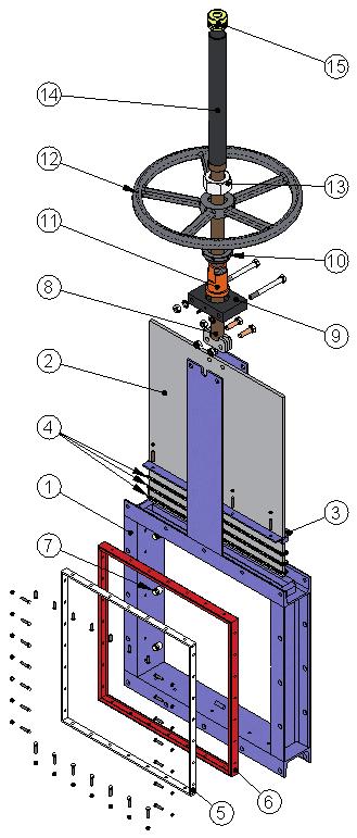 Obr. 2 Pozice Popis Základní materiálové varianty šoupátka s měkkým sedlem 1 Těleso S275 JR *) AISI 304/AISI 316 2 Nůž AISI 304 AISI 304/ AISI 316 3 Víko ucpávky S275 JR *) AISI 304/AISI 316 4