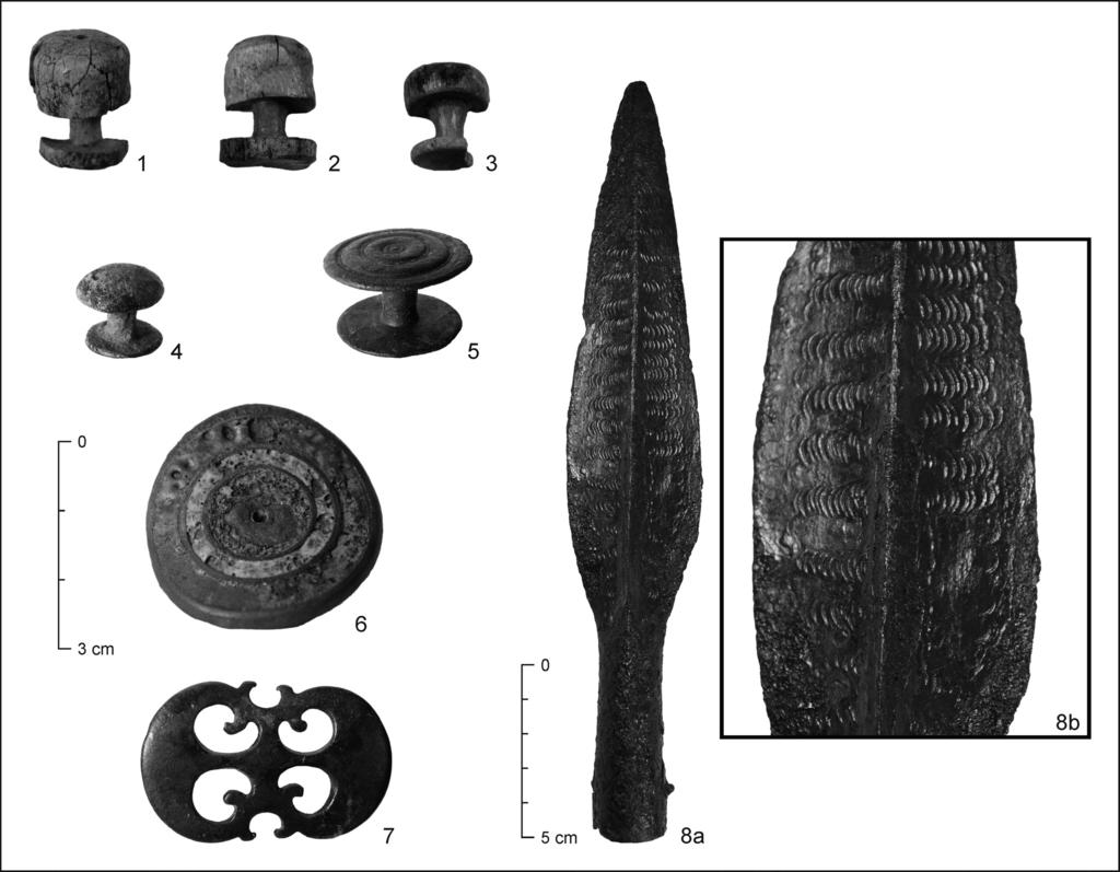 80 JAN JÍLEK PAVEL HORNÍK Obr. 13. Kostěné součásti řemení a bronzová kování, hrot kopí.