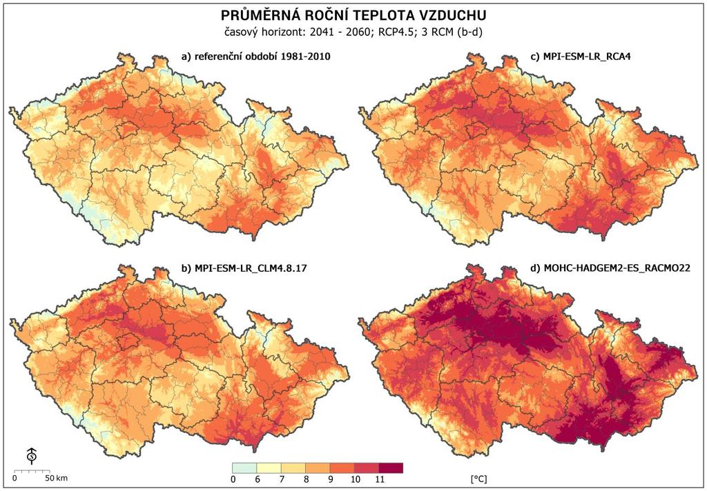 Obr. 5-8. Teplota vzduchu pro referenčnímu období 1981 2010 a podle tří RCM (chladný, střední a teplý model) v letech 2041 2060 pro scénář RCP4. Obr. 5-9.