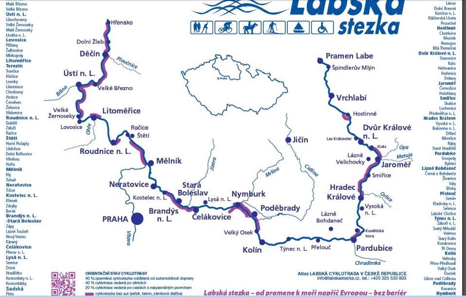 23 Níže mapa Labe kde jsou vyznačeny fialově úseky s dokončenými cyklostezkami bez motorové