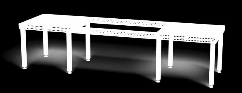 V případě prodloužení stolu větším než 1000 mm je nutné k podepření úhelníku použít nohy stolu. Díky pětistranému a diagonálnímu uspořádání otvorů nabízí mnoho možností spojení s ostatními úhelníky.