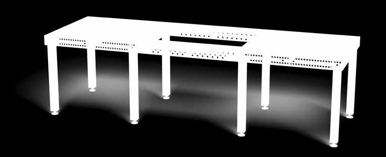 V případě prodloužení stolu větším než 1000 mm je nutné k podepření úhelníku použít nohy stolu. Díky pětistranému a diagonálnímu uspořádání otvorů nabízí mnoho možností spojení s ostatními úhelníky.