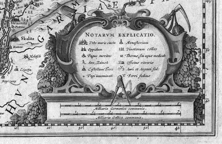 [14b] Výzdoba mapy Moravy z atlasu vydaného Willemem Janszoonem Blaeu, tiskovou desku pořídil Jodocus Hondius junior roku 1629 (KMM B). Muzeum Komenského v Přerově. vegetativní motivy, např.