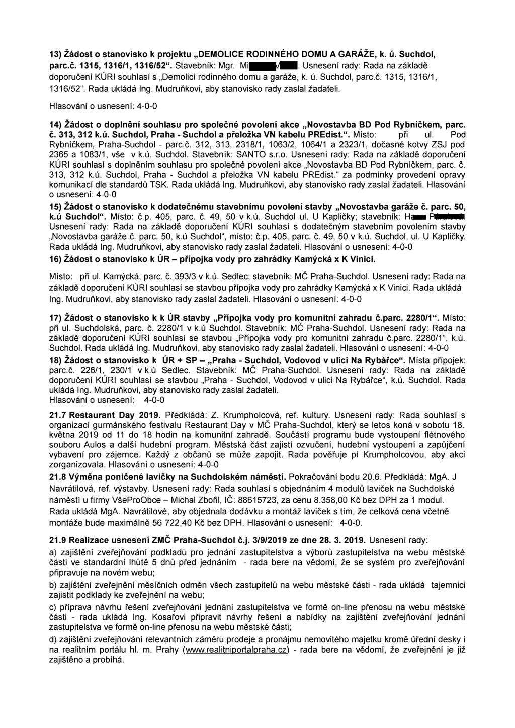 13) žádost o stanovisko k projektu,,demol CE RODINNÉHO DOMU A GARÁŽE, k. ú. Suchdol, parc.č. 1315, 1316/1, 1316/52. Stavebník: Mgr. Mi-/-.
