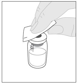 Nedotýkejte se vnitřní části balení adaptéru injekční lahvičky. 6. Postavte injekční lahvičku na rovný povrch.