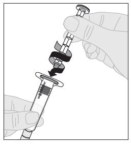 Stlačte pevně adaptér, dokud se nezacvakne na horní část injekční lahvičky a jeho hrot nepronikne přes zátku injekční lahvičky. 7.
