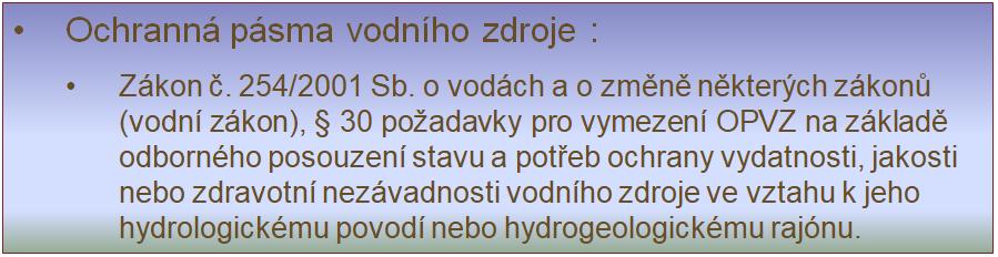 dosud nebyl přijat prováděcí předpis kompatibilní se zákonem potřeba sjednotit postupy při vymezování OPVZ (definování doby zdržení - migrace znečištění do vodního zdroje, rozsah a detail průzkumu a