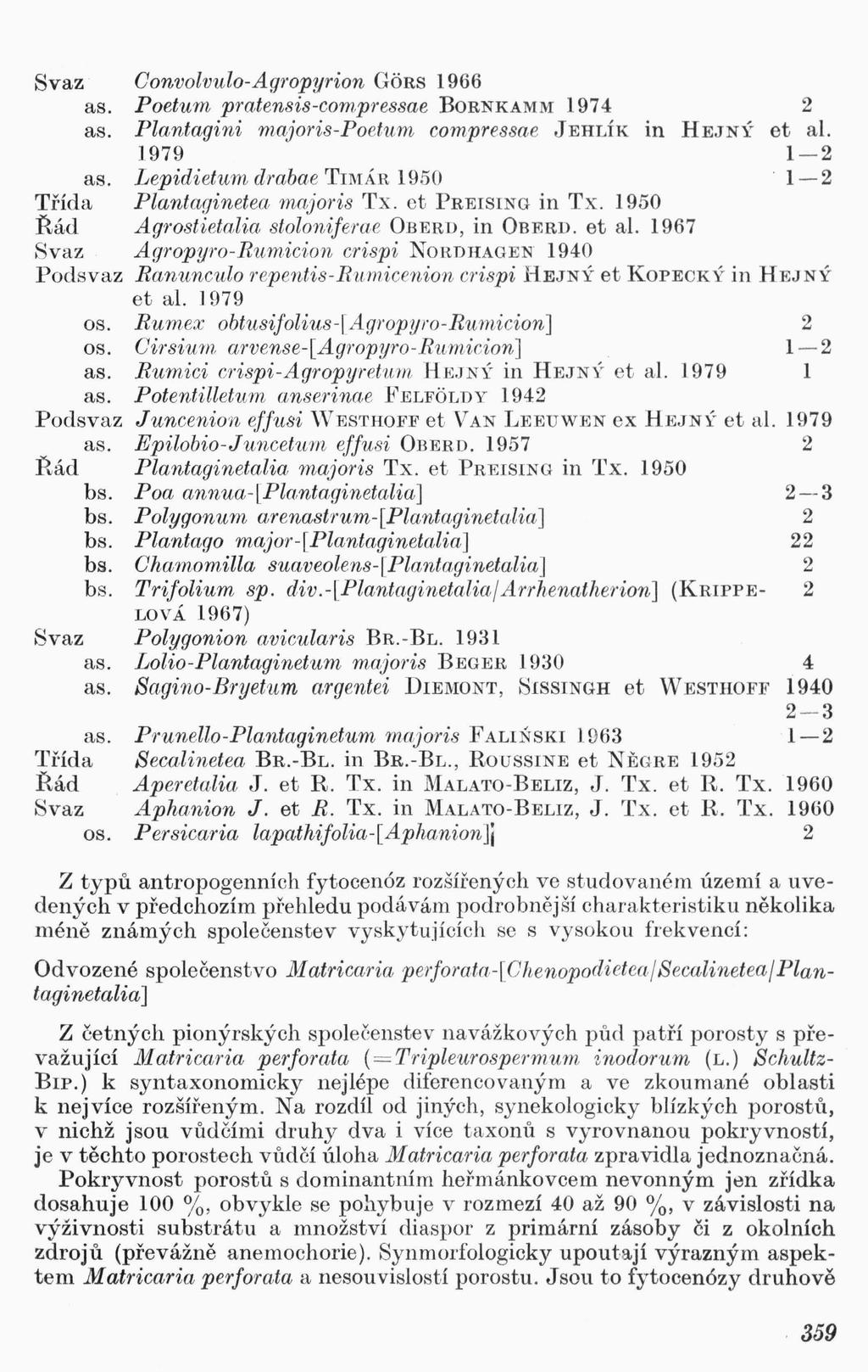 Svaz Convolvulo-Agropyrion G6Rs 966 as. Poetum pratensis-compressae BoRNKAMM 974 as. Plantagini majoris-poetum compressae JEHLÍK 979 as. Lepidietum drabae TIMÁR 950 in HEJNÝ et al. -.