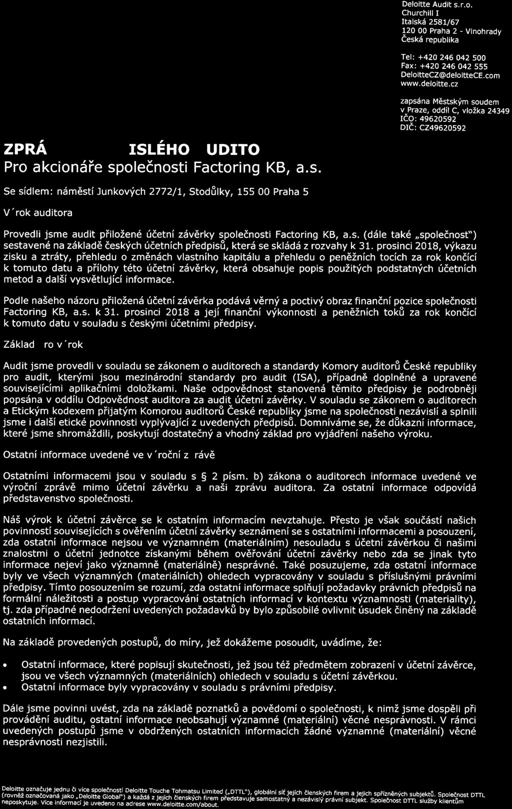 Zpráva nezávislého auditora pro akcionáře společnosti