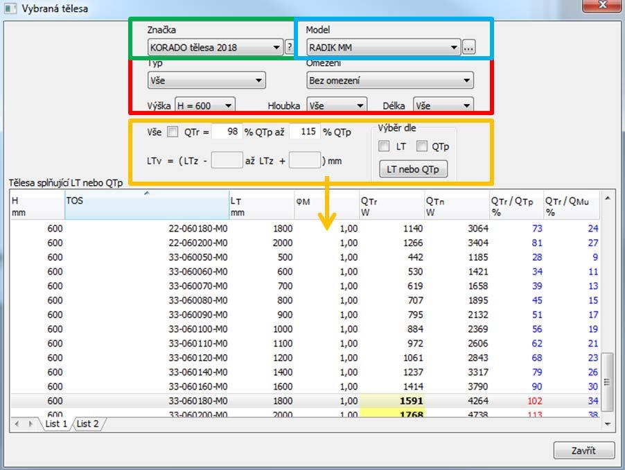 s na základě definice výběrových parametrů, dle kterých program nabídne vyhovující otopná tělesa nebo