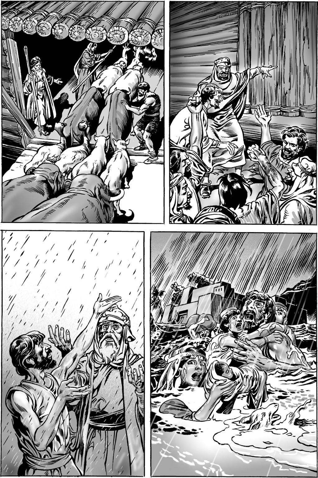 16 Bůh za nimi zavřel dveře a po celých sedm dní se nic nedělo. Nezbývá moc místa. He, he podívejte se na ty pošetilce! Jsou uzavřeni ve velké lodi se všemi hladovými zvířaty!