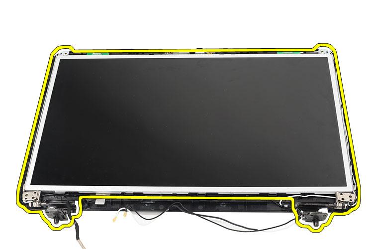8. Vyšroubujte šrouby z levého i pravého držáku displeje a vyjměte panel displeje. Montáž panelu displeje 1. Vyrovnejte levý a pravý držák s panelem displeje.