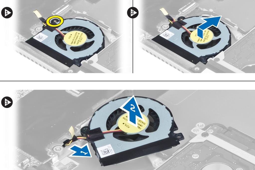 3. Odstraňte šroub upevňující ventilátor k počítači. Poté ventilátor zvedněte a odpojte jeho kabel od základní desky. Vložení ventilátoru 1. Připojte kabel ventilátoru k základní desce. 2.