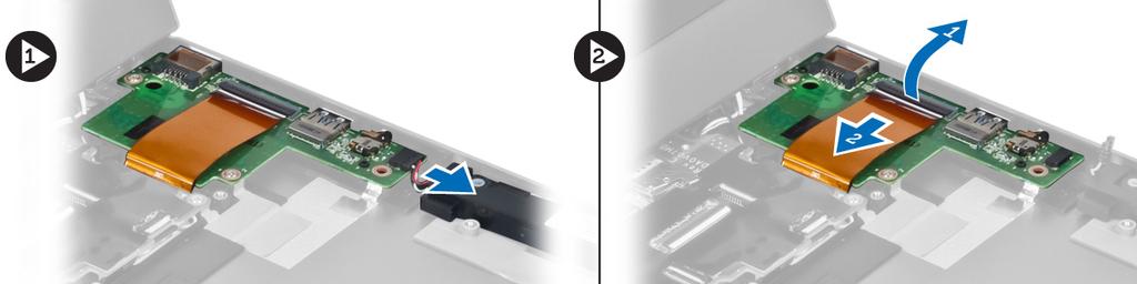 4. Odstraňte šrouby, které upevňují desku V/V k počítači, a vyjměte ji z počítače. Vložení desky V/V 1. Připojte kabel reproduktorů a kabel desky V/V k desce V/V. 2.