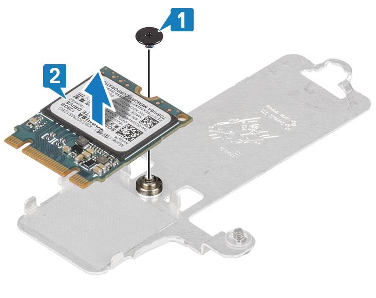 4 Překlopte tepelný kryt. 5 Vyšroubujte šroub (M2x2), kterým je připevněn disk SSD k tepelnému krytu [1]. 6 Zvedněte disk SSD z tepelného krytu [2]. Montáž disku SSD M.