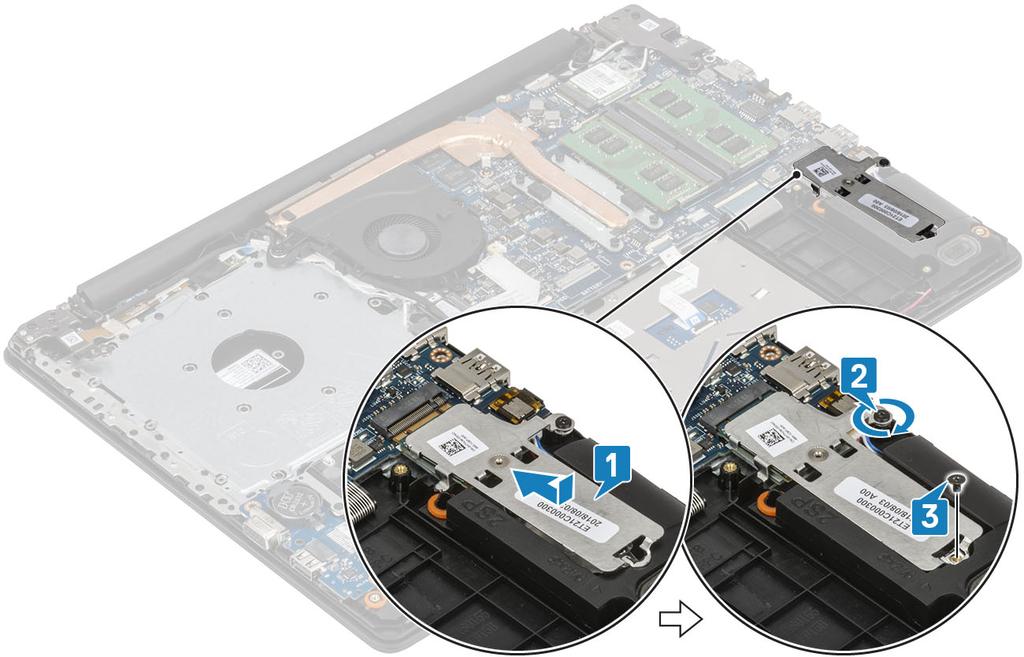 3 Zarovnejte drážky na disku SSD s výstupkem na slotu disku SSD. 4 Zasuňte a vložte disk SSD do slotu disku SSD [1].