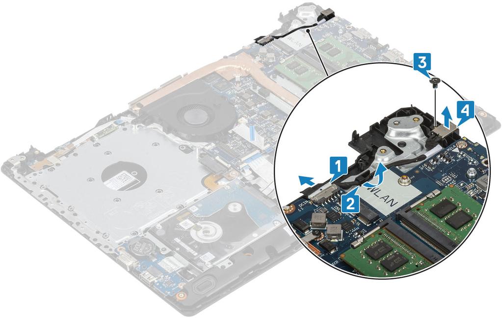 6 Demontujte kartu WLAN. 7 Demontujte disk SSD. 8 Vyjměte sestavu displeje. 9 Demontujte desku tlačítka napájení. 1 Odpojte a uvolněte kabel napájecího adaptéru od základní desky [1, 2].