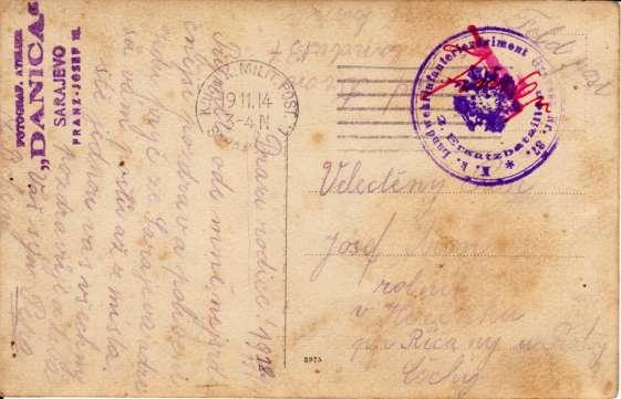 Pohlednice z lazaretu, červen 1915 Drazí rodiče 18/6 Přijměte ode mě srdečný pozdrav a díky za peníze, které jsem dnes