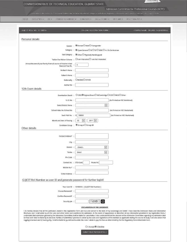 Fig. 3.3 Screen of Online Registration Form 5. W{uËðkhu Online Registration Form{kt ËþkoÔÞk {wsçklke íkuykulke ytøkík {krníke ¼hðkLke hnuþu. W{uËðkhLkku GUJCET-2018 hku Lktçkh LOGIN ID íkhefu Ëu¾kþu.