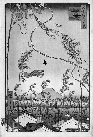 Utagawa Andó Hirošige (1797 1858), Svátek Tanabata, tisk z roku 1857, Národní galerie Praha dostala hvězda Altair různá jména, kromě Kengjúboši také Hikoboši (Hvězda-krasavec), Otokoboši